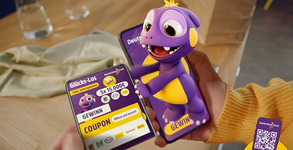 Virtuelles Glückslos mit animiertem Maskottchen, Gewinnchance entdecken!