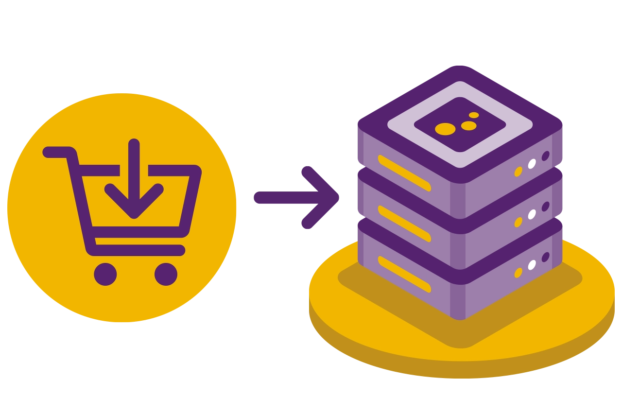 Einkaufswagen-Icon zeigt Weg zur effizienten Datenverarbeitung im Server.