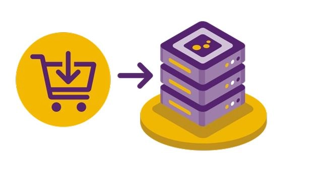 Einkaufswagen-Icon mit Pfeil zu Server-Stack, symbolisiert effiziente Datenverarbeitung.